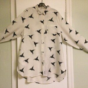 Helen's Heart Linen/Cotton White with Black Bird Print Tunic Top/Beach Cover
